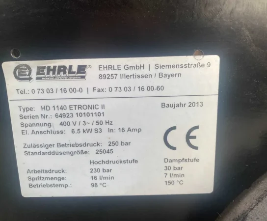 Myjka wysokociśnieniowa gorąco wodna EHRLE HD1140 Etronic II - info